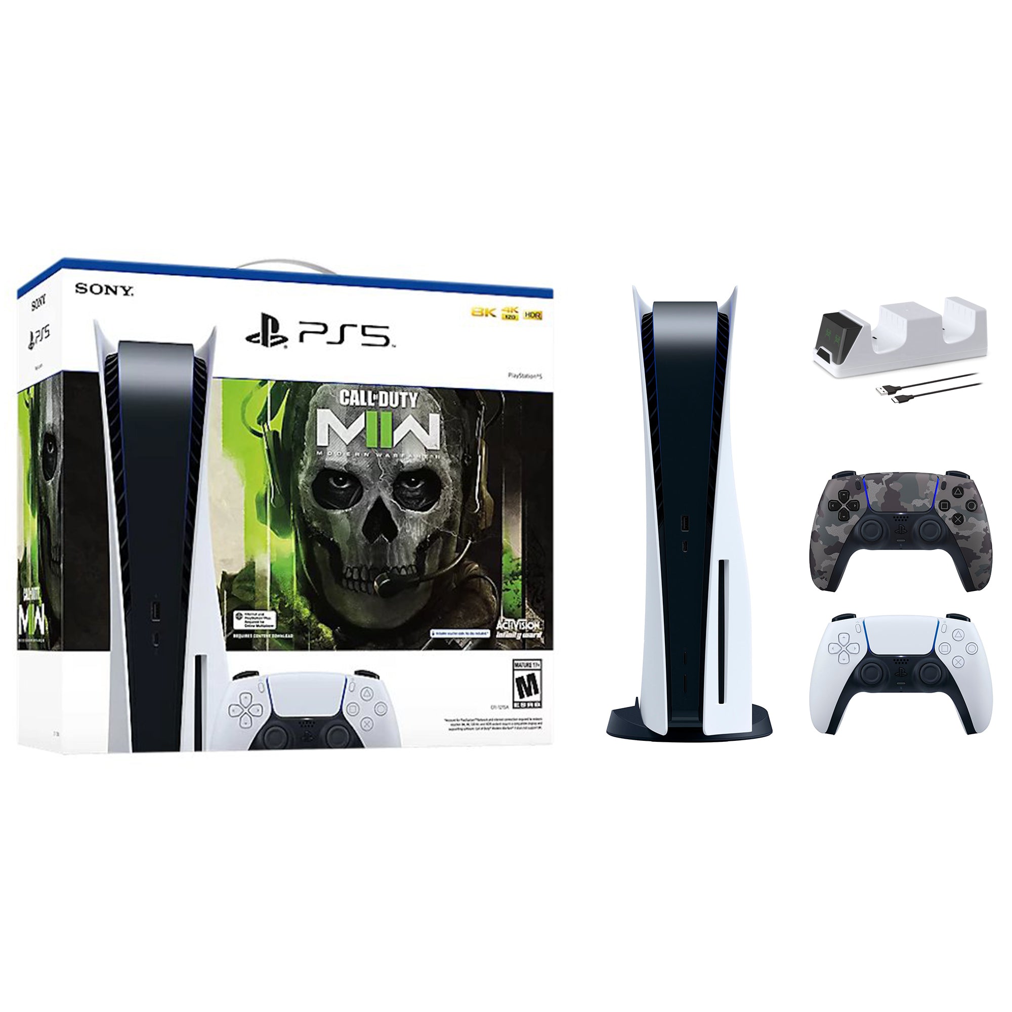 PlayStation 5 Disc Edition Call of Duty Modern Warfare II Bundle with Two Controllers White and Gray Camouflage DualSense and Mytrix Dual Controller Charger PlayStation 5 Disc Edition Call of Duty Modern Warfare II Bundle with Two Controllers White and Gray Camouflage DualSense and Mytrix Dual Controller Charger